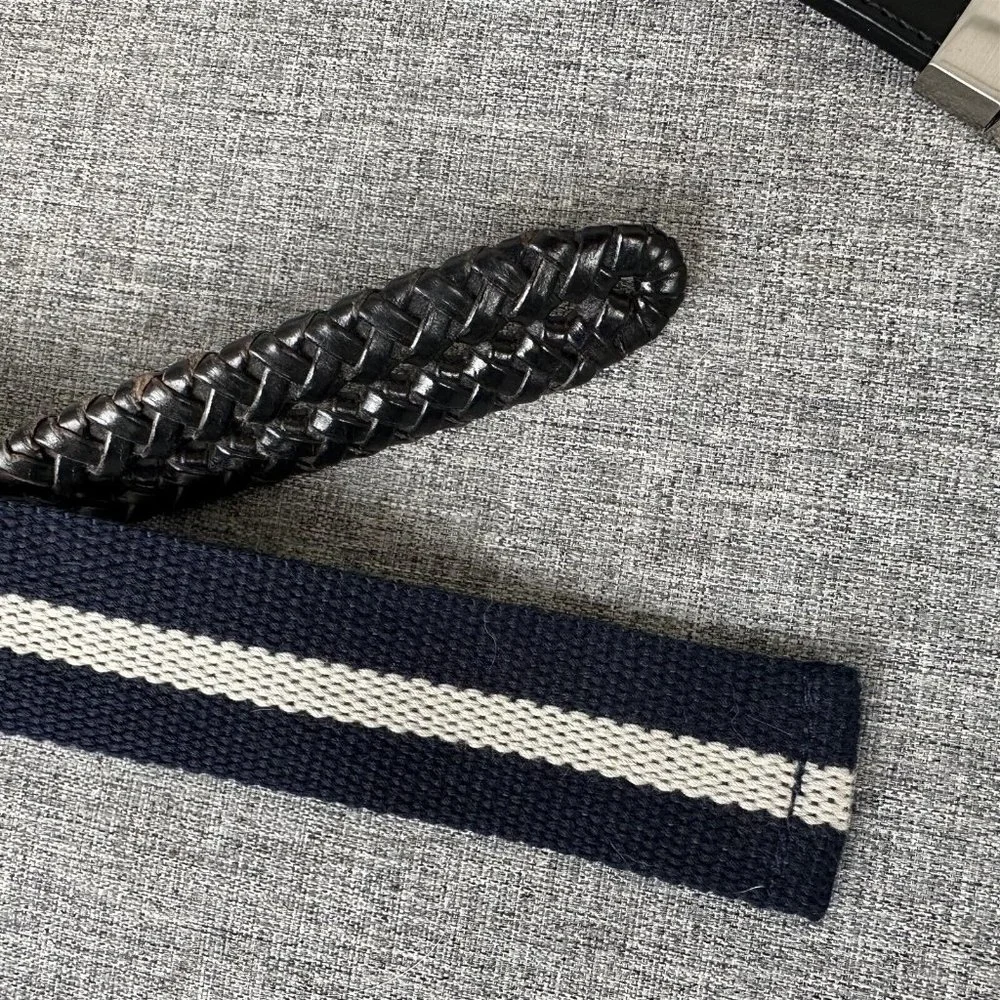 Men's Classic Belt Pair Blue White Web and Woven Faux Leather Black 36